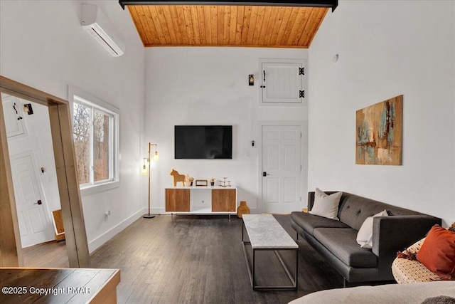 living room with dark wood finished floors, high vaulted ceiling, wooden ceiling, a wall mounted air conditioner, and baseboards