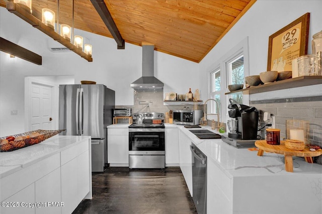 kitchen with wooden ceiling, appliances with stainless steel finishes, wall chimney range hood, white cabinetry, and open shelves