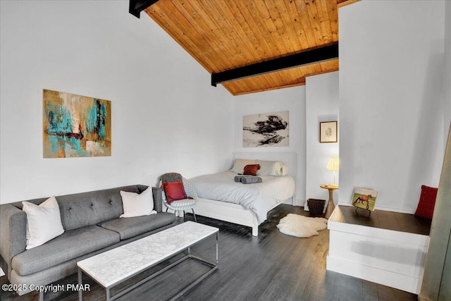 bedroom featuring dark wood-style floors, wood ceiling, beamed ceiling, and high vaulted ceiling