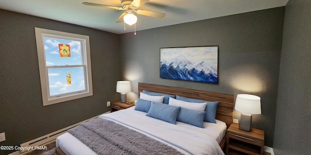 bedroom featuring a baseboard radiator and ceiling fan