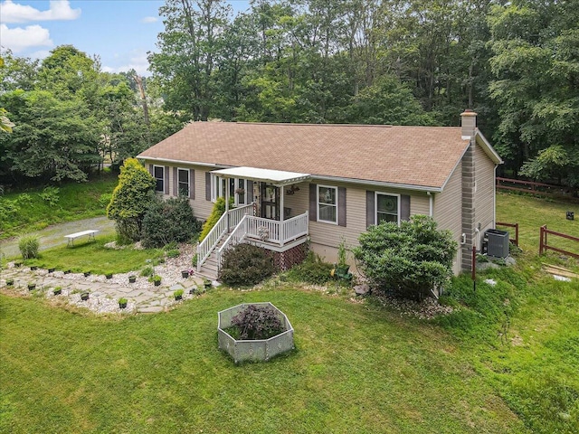 600 N Harrity Rd, Palmerton, PA 18071 - ranch-style house with a chimney, a front yard, and roof with shingles