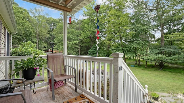 600 N Harrity Rd, Palmerton, PA 18071 - wooden terrace featuring view of wooded area and a yard