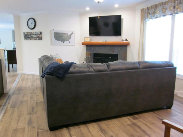 2016 Locust Ridge Rd, Pocono Lake, PA 18347 - living room featuring crown molding, wood finished floors, a fireplace, recessed lighting, and baseboards