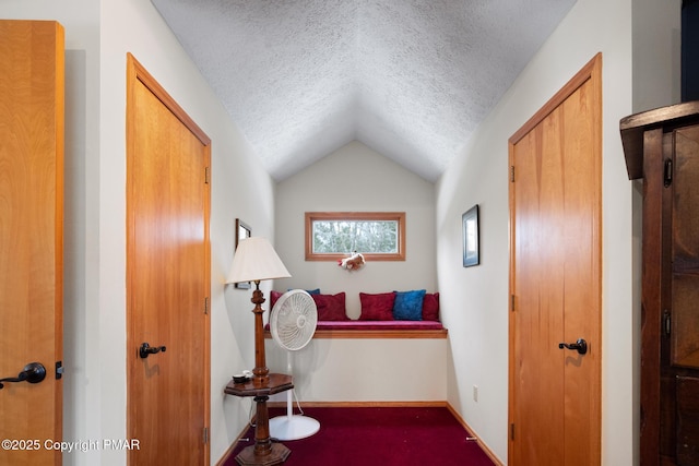 hallway with a textured ceiling, vaulted ceiling, and baseboards