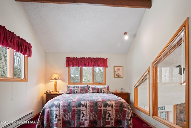 bedroom featuring a textured ceiling, vaulted ceiling, multiple windows, and a baseboard heating unit