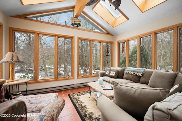 2222 Hillcrest Dr, Pocono Pines, PA 18350 - sunroom featuring lofted ceiling with skylight and a baseboard radiator
