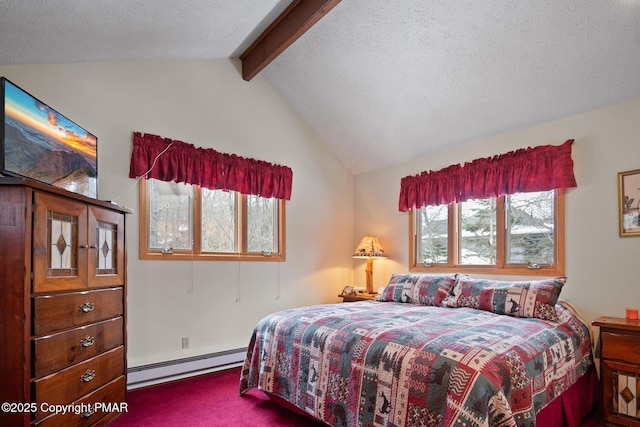 2222 Hillcrest Dr, Pocono Pines, PA 18350 - carpeted bedroom with a textured ceiling, vaulted ceiling with beams, and a baseboard heating unit