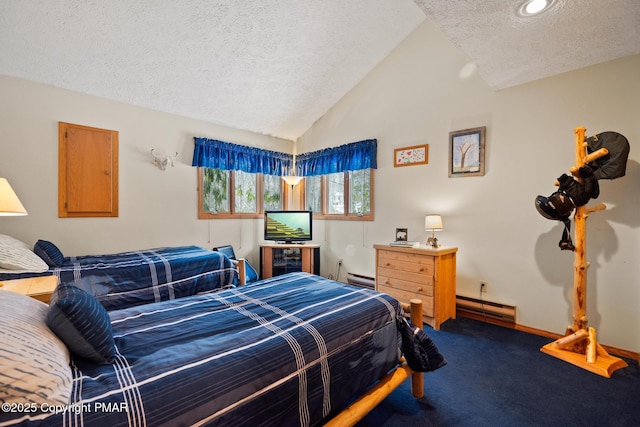 2222 Hillcrest Dr, Pocono Pines, PA 18350 - carpeted bedroom with a baseboard radiator, lofted ceiling, a textured ceiling, and baseboards