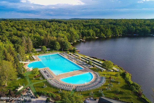 2222 Hillcrest Dr, Pocono Pines, PA 18350 - drone / aerial view featuring a forest view and a water view