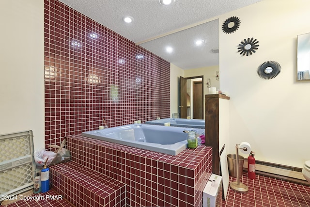 misc room featuring tile patterned floors, recessed lighting, a textured ceiling, and tile walls