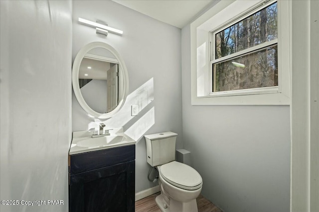 bathroom with vanity, toilet, and wood-type flooring