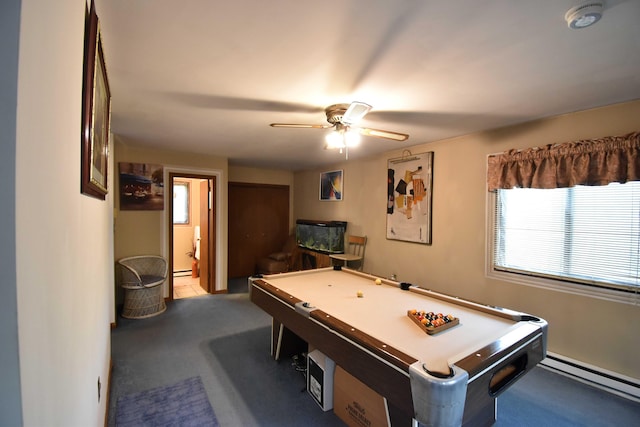 158 Saunders Dr, Bushkill, PA 18324 - playroom featuring pool table, a baseboard radiator, carpet floors, and ceiling fan