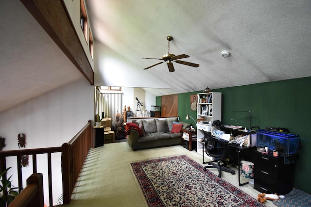 158 Saunders Dr, Bushkill, PA 18324 - office featuring carpet flooring, a ceiling fan, vaulted ceiling, and a textured ceiling