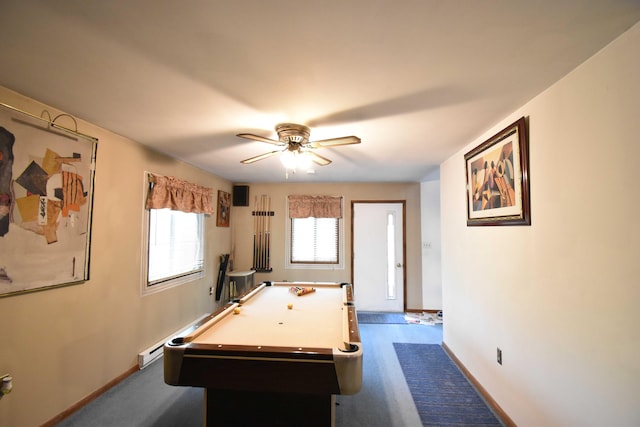 158 Saunders Dr, Bushkill, PA 18324 - rec room with a baseboard radiator, ceiling fan, pool table, and baseboards