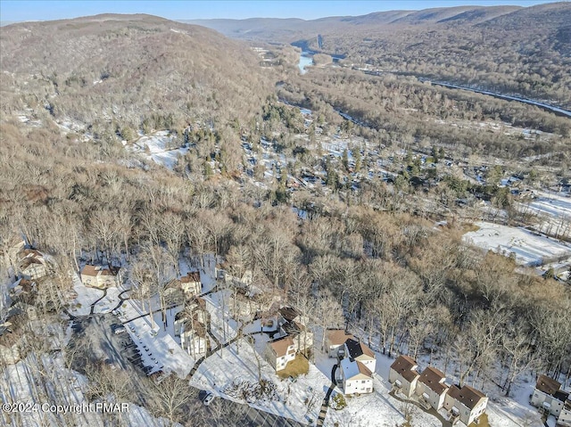 drone / aerial view featuring a mountain view