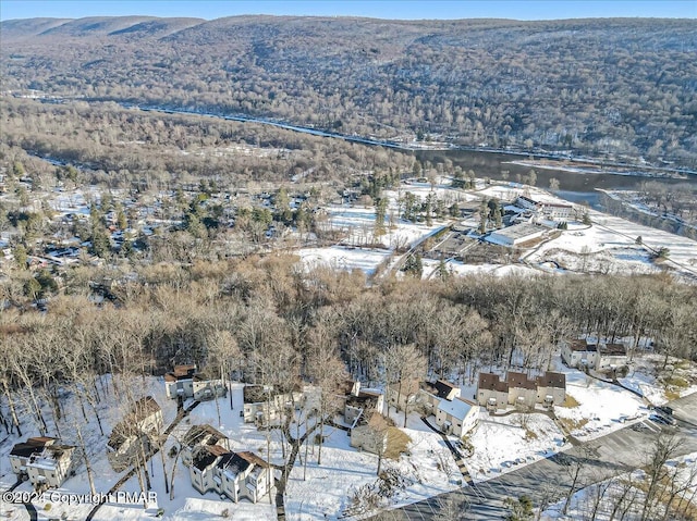 snowy aerial view with a mountain view