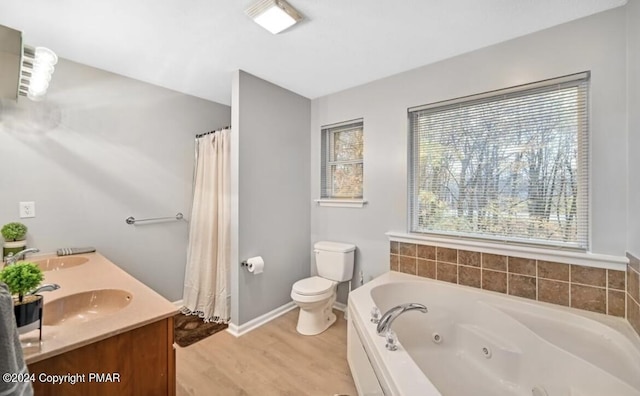 bathroom with wood finished floors, a sink, toilet, and a tub with jets