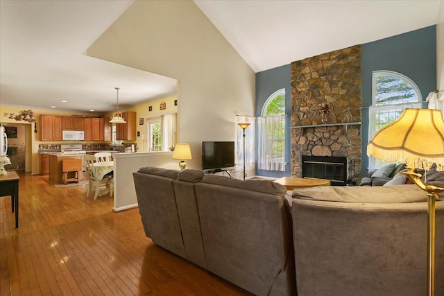 2358 Snapdragon Pt, East Stroudsburg, PA 18301 - living area with dark wood-style flooring, plenty of natural light, high vaulted ceiling, and a stone fireplace