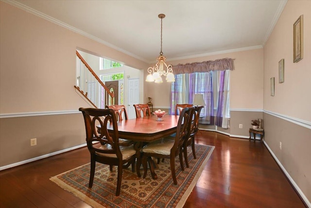 2358 Snapdragon Pt, East Stroudsburg, PA 18301 - dining area with wood finished floors, a chandelier, ornamental molding, and stairs