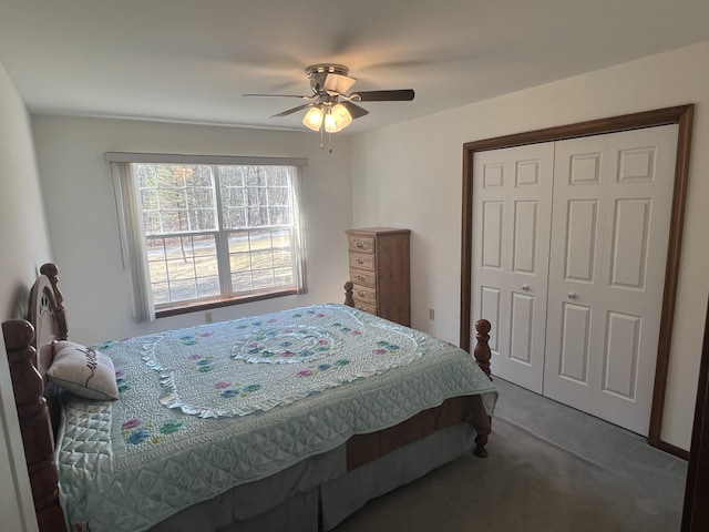 carpeted bedroom featuring a ceiling fan and a closet