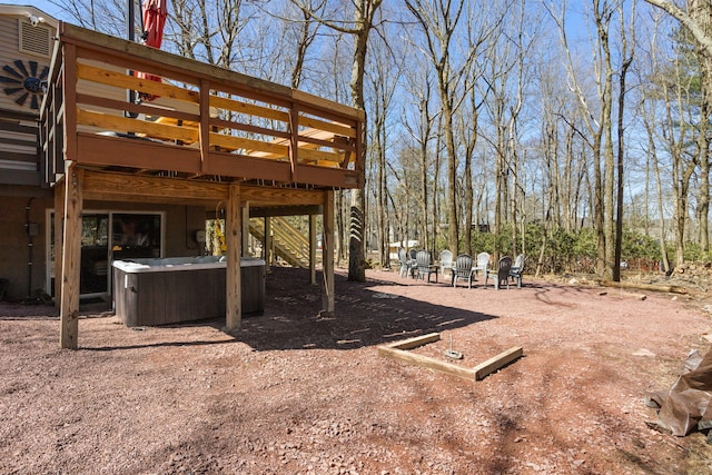 7 Park Ln, Lake Harmony, PA 18624 - view of yard with a wooden deck, a hot tub, and stairway