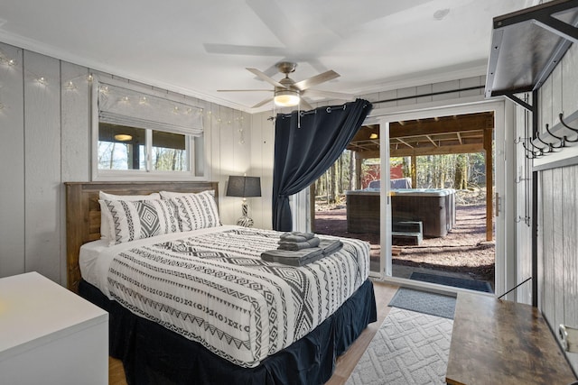 7 Park Ln, Lake Harmony, PA 18624 - bedroom with access to outside, crown molding, wood finished floors, and a ceiling fan