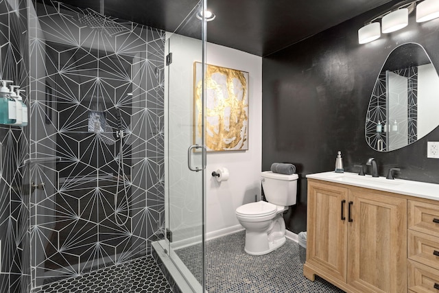 7 Park Ln, Lake Harmony, PA 18624 - bathroom with toilet, vanity, a stall shower, and tile patterned flooring