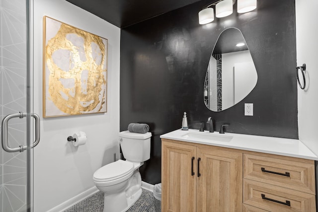 7 Park Ln, Lake Harmony, PA 18624 - bathroom with baseboards, vanity, toilet, tile patterned flooring, and a shower with shower door