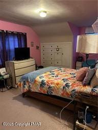 bedroom with vaulted ceiling and mail area