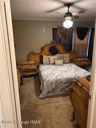 bedroom featuring carpet flooring and a ceiling fan