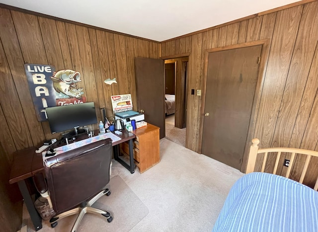 office space with carpet flooring and wood walls