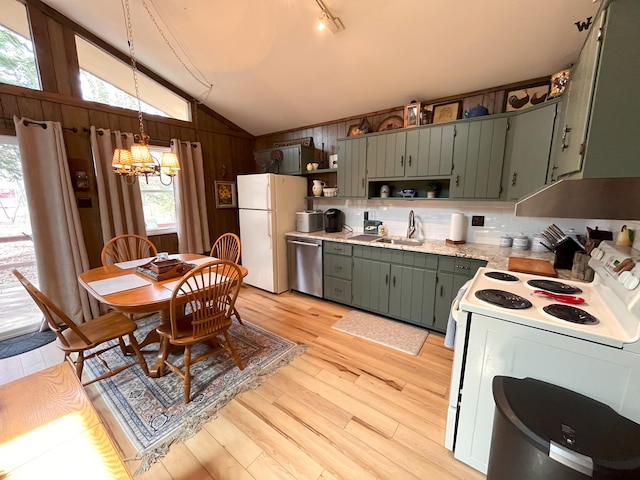kitchen with open shelves, an inviting chandelier, white appliances, light countertops, and vaulted ceiling