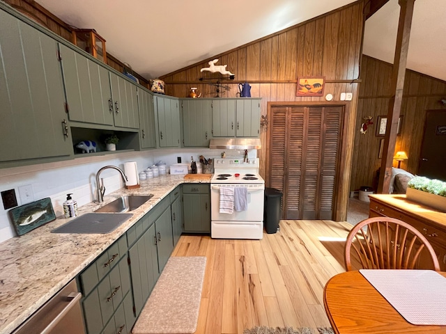kitchen featuring light wood-type flooring, wooden walls, white range with electric stovetop, and vaulted ceiling
