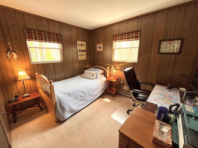 carpeted bedroom with wood walls and multiple windows