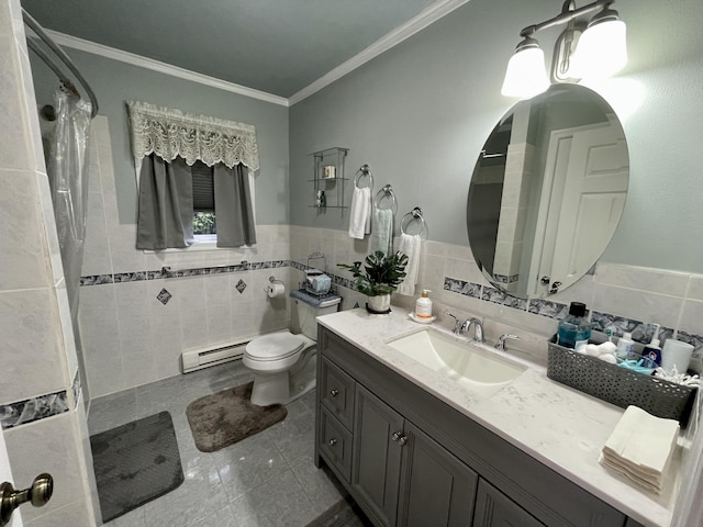 full bathroom with crown molding, tile walls, toilet, baseboard heating, and a shower with curtain