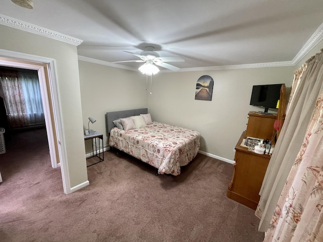 carpeted bedroom with crown molding, baseboards, and ceiling fan