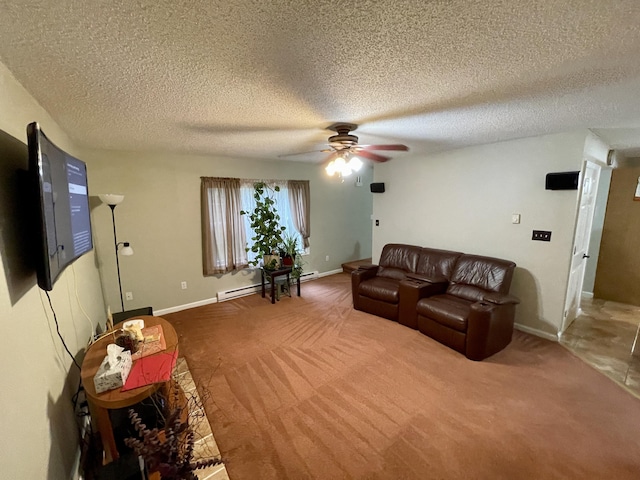 living area featuring a textured ceiling, ceiling fan, a baseboard heating unit, carpet floors, and baseboards