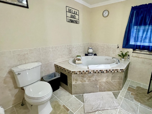 bathroom featuring toilet, a bath, ornamental molding, tile patterned flooring, and tile walls