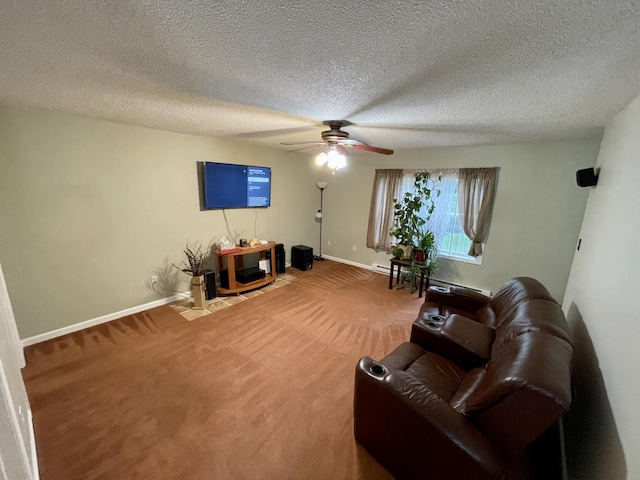 carpeted living room featuring ceiling fan, baseboards, and a textured ceiling