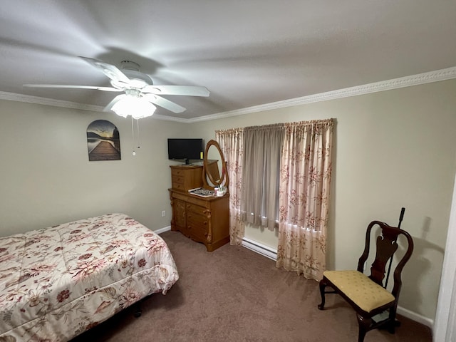 carpeted bedroom with ornamental molding, a ceiling fan, and baseboards