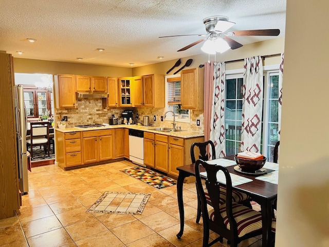 2105 Larkspur Ln, Tobyhanna, PA 18466 - kitchen featuring white appliances, a sink, under cabinet range hood, decorative backsplash, and light countertops