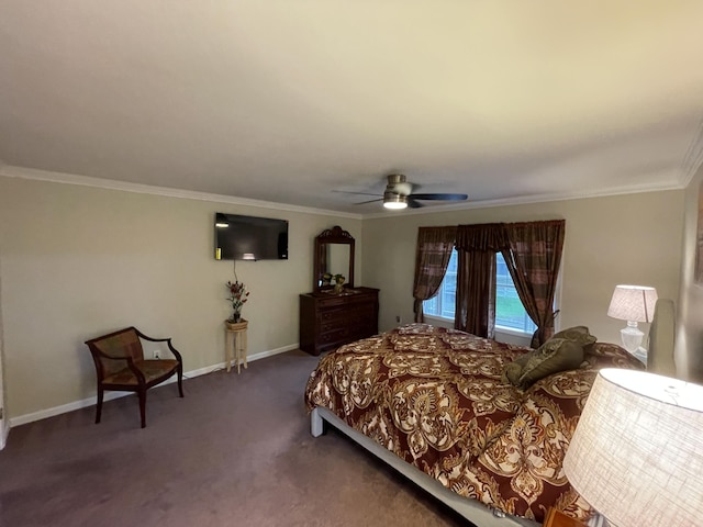 carpeted bedroom with ornamental molding, baseboards, and a ceiling fan