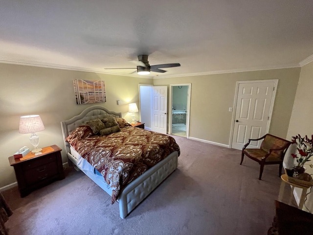 bedroom featuring ceiling fan, baseboards, crown molding, and carpet flooring