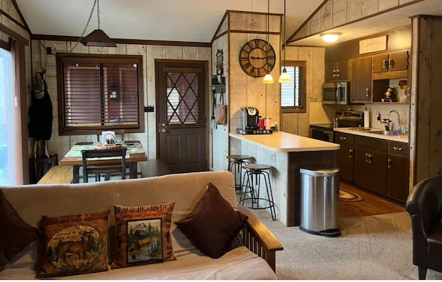 172 Larsen Dr, Clifton Township, PA 18424 - kitchen with plenty of natural light, vaulted ceiling, a sink, and appliances with stainless steel finishes