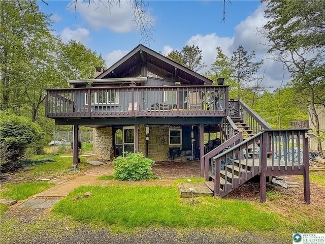 163 Granite Rd, Long Pond, PA 18334 - rear view of property with a deck, stone siding, and stairway