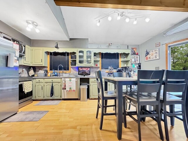 163 Granite Rd, Long Pond, PA 18334 - kitchen featuring stainless steel appliances, green cabinetry, light wood-type flooring, open shelves, and a sink