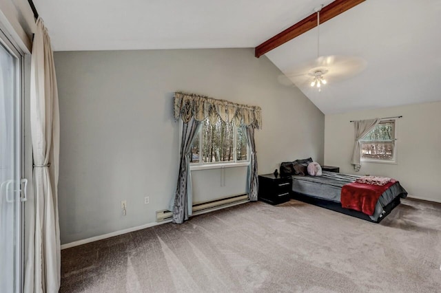 carpeted bedroom with lofted ceiling with beams, a baseboard radiator, multiple windows, and baseboards