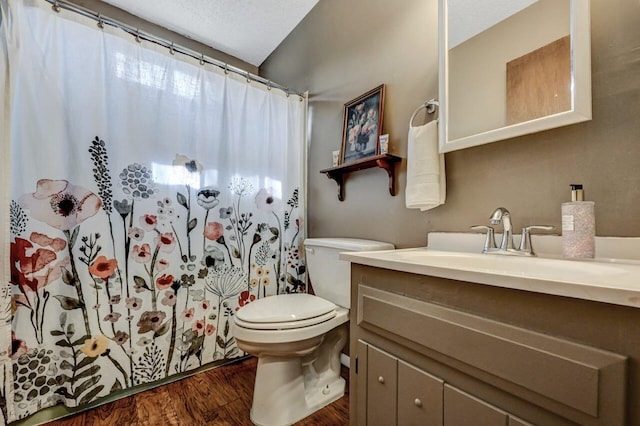 bathroom with vanity, curtained shower, toilet, and wood finished floors