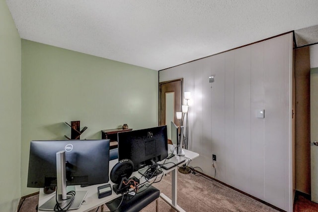 carpeted office space with a textured ceiling