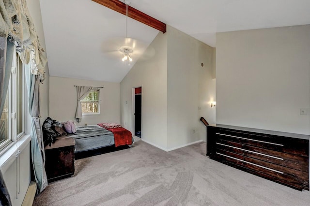 bedroom featuring beamed ceiling, carpet, baseboards, and high vaulted ceiling